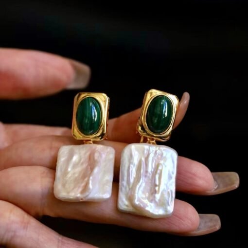 Natural Malachite Studs Earrings With Pearl Silver|Malachite Jewelry|Green Studs Earrings Latch Back|Real Pearl Earrings|Wedding Earrings - Image 8