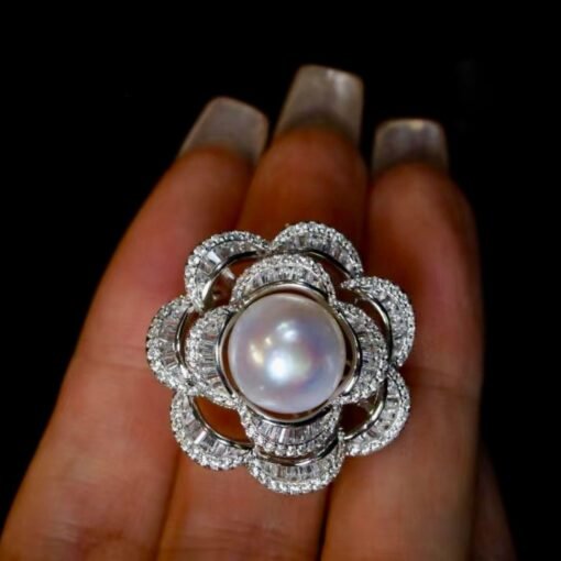 Natural Real Freshwater Pearl Ring Silver|Vintage Antique Pearl ring women|Statement Floral Pearl ring|Art Deco June Birthstone Pearl ring - Image 2