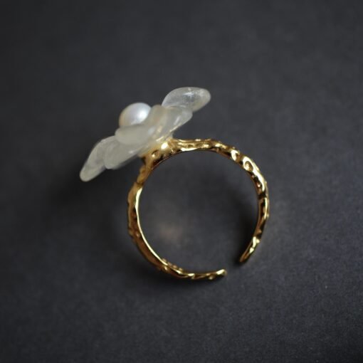 Genuine Moonstone with Pearl Ring/Unique Moonstone rings/Tiny Petal Flower ring|Hand Carved Moonstone rings|Art deco moonstone ring for her - Image 2