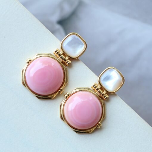 Genuine Pink Queen Conch Shell drop earring silver|Statement Pink Gemstone Jewelry|Unique Earring For Her|Vintage Halo stud Earrings women