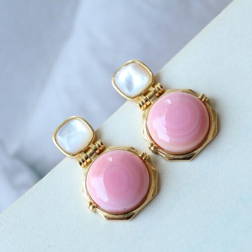 Genuine Pink Queen Conch Shell drop earring silver|Statement Pink Gemstone Jewelry|Unique Earring For Her|Vintage Halo stud Earrings women - Image 2