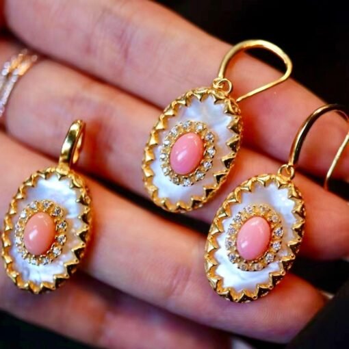 Natural Pink Queen Conch Shell Jewelry set|Pink Sea Shell Stud Earrings|Untreated Pink Gemstone Pendant|Handmade Vintage Jewelry Set women - Image 7