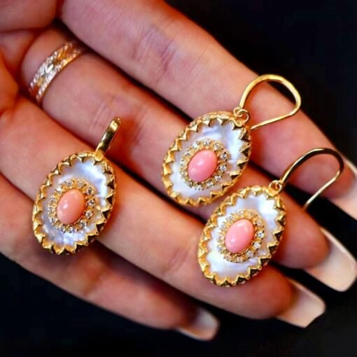 Natural Pink Queen Conch Shell Jewelry set|Pink Sea Shell Stud Earrings|Untreated Pink Gemstone Pendant|Handmade Vintage Jewelry Set women - Image 3