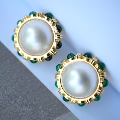 Statement natural Mabe Pearl Earrings Sterling Silver|Vintage Mabe Pearl stud gold|Pearl Earrings With Green Zircon|Perfect Wedding earrings - Image 7