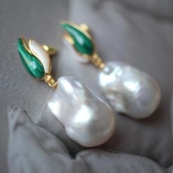 Natural Pearl Drop Earrings With Malachite|Statement Modern Pearl Drop|Natural Hand Carved Gemstone Earrings|Unique June Birthstone Gift