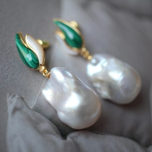 Natural Pearl Drop Earrings With Malachite|Statement Modern Pearl Drop|Natural Hand Carved Gemstone Earrings|Unique June Birthstone Gift