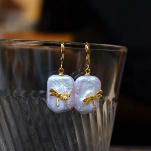 Unique Pearl Drop Earrings with Dragonfly 925 silver/Big Art deco Pearl Drop Earrings|Statement Natural Pearl Earrings Women - Image 3
