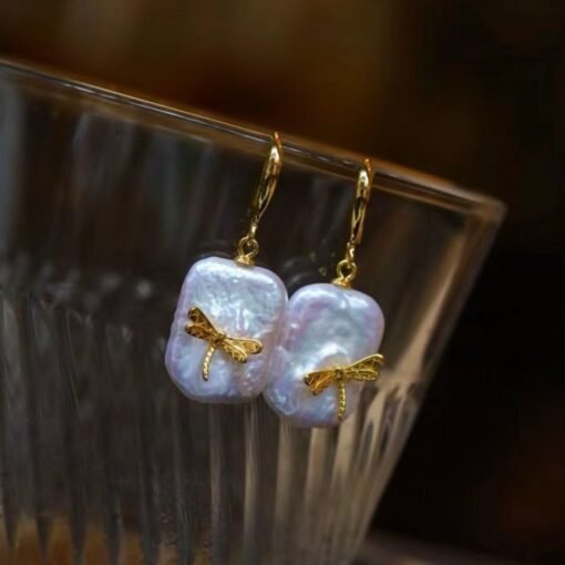 Unique Pearl Drop Earrings with Dragonfly 925 silver/Big Art deco Pearl Drop Earrings|Statement Natural Pearl Earrings Women - Image 4