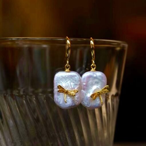 Unique Pearl Drop Earrings with Dragonfly 925 silver/Big Art deco Pearl Drop Earrings|Statement Natural Pearl Earrings Women - Image 5