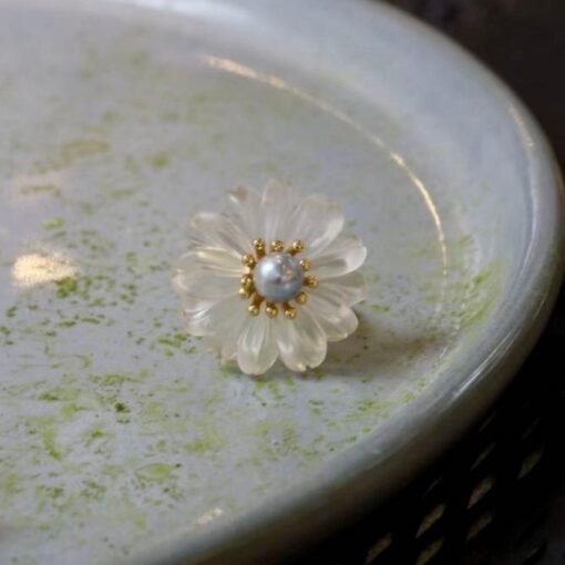 Genuine White Quartz with Seawater Pearl Ring/Unique Art Decp Quartz Pearl ringPetal Flower Quartz ring SilverAdjustable Pearl ring Women - Image 3