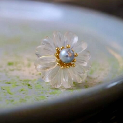 Genuine White Quartz with Seawater Pearl Ring/Unique Art Decp Quartz Pearl ringPetal Flower Quartz ring SilverAdjustable Pearl ring Women - Image 7