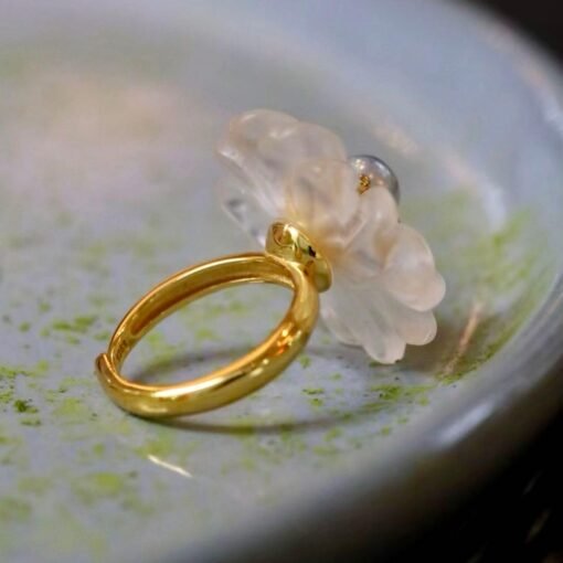 Genuine White Quartz with Seawater Pearl Ring/Unique Art Decp Quartz Pearl ringPetal Flower Quartz ring SilverAdjustable Pearl ring Women - Image 8