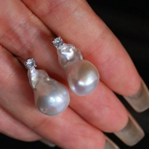 Unique Baroque Pearl Drop Earrings with Zircon silver|Big Natural Genuine Pearl Earrings women|Modern Art Deco Pearl Stud Earrings - Image 2