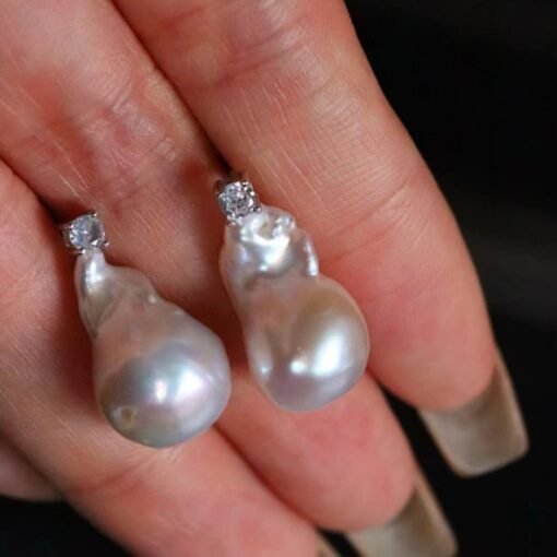 Unique Baroque Pearl Drop Earrings with Zircon silver|Big Natural Genuine Pearl Earrings women|Modern Art Deco Pearl Stud Earrings - Image 7
