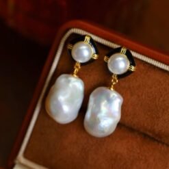 Unique Baroque Pearl Drop Earrings with Zircon silver|Big Natural Double Pearl Earrings women|Vintage Art Deco Pearl Stud Earrings