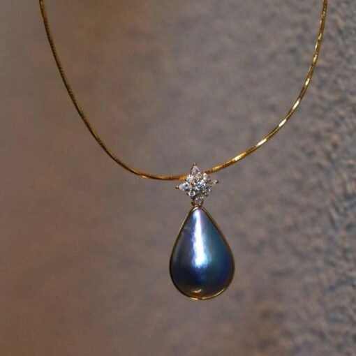 Natural Blue Mabe Pearl Necklace Silver|Minimalist Teardrop Pearl Pendant|Vintage Genuine Mabe Pearl Pendant|Art Deco Pearl Pendant Women - Image 2