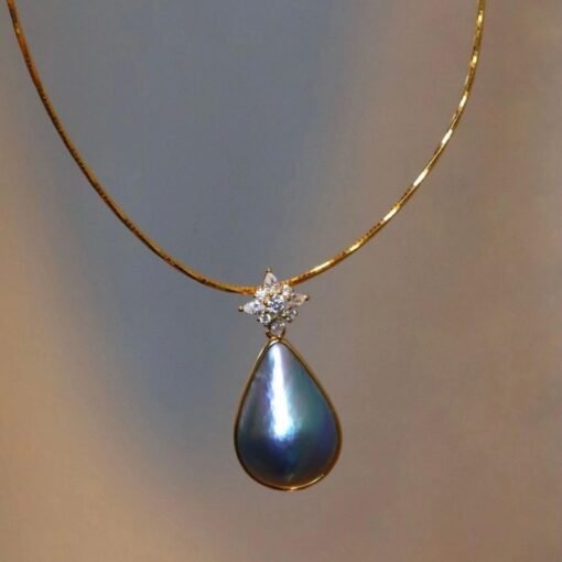 Natural Blue Mabe Pearl Necklace Silver|Minimalist Teardrop Pearl Pendant|Vintage Genuine Mabe Pearl Pendant|Art Deco Pearl Pendant Women