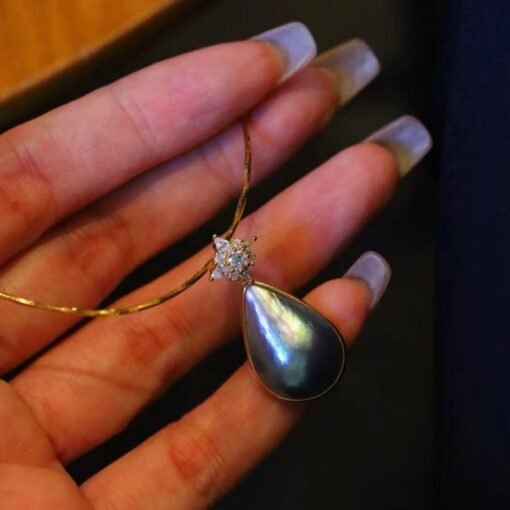 Natural Blue Mabe Pearl Necklace Silver|Minimalist Teardrop Pearl Pendant|Vintage Genuine Mabe Pearl Pendant|Art Deco Pearl Pendant Women - Image 5