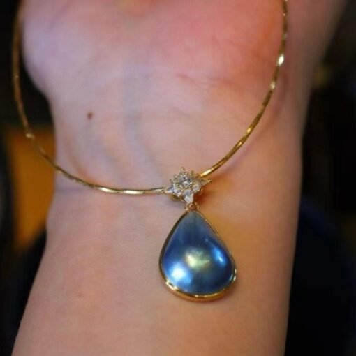 Natural Blue Mabe Pearl Necklace Silver|Minimalist Teardrop Pearl Pendant|Vintage Genuine Mabe Pearl Pendant|Art Deco Pearl Pendant Women - Image 4
