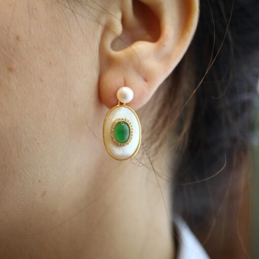Oval Mother of Pearl Drop Earring with Green Agate|Unique bezel Chrysoprase drop EarringsVintage Gemstone earrings SilverMothers day gift - Image 4