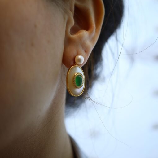 Oval Mother of Pearl Drop Earring with Green Agate|Unique bezel Chrysoprase drop EarringsVintage Gemstone earrings SilverMothers day gift - Image 8