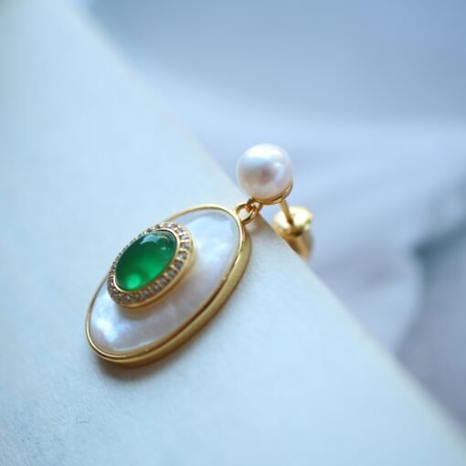 Oval Mother of Pearl Drop Earring with Green Agate|Unique bezel Chrysoprase drop EarringsVintage Gemstone earrings SilverMothers day gift - Image 3