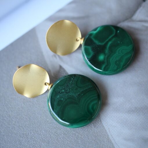Genuine Round Malachite Studs Earrings sterling silver|High end Malachite drop gold|Statement Green Studs Earrings|Antique Gemstone Earring - Image 5