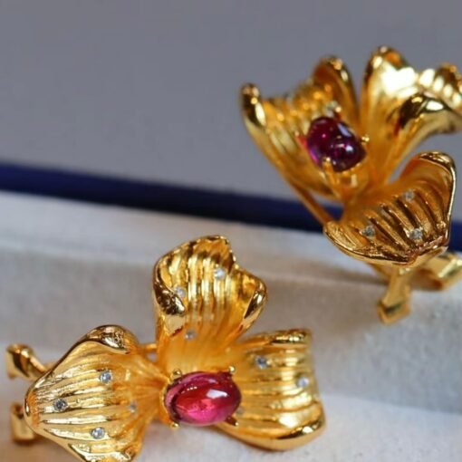 Natural Floral Garnet Earrings Gold Plated silver/Unique Petal Garnet Earrings Women/Art Deco Vintage Statement Red Gemstone Earrings Gold - Image 8