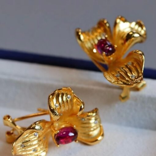 Natural Floral Garnet Earrings Gold Plated silver/Unique Petal Garnet Earrings Women/Art Deco Vintage Statement Red Gemstone Earrings Gold - Image 2