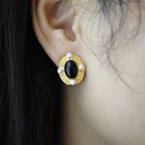 Natural Black Agate Studs Earrings With Pearl|Charm Pearl Jewelry|Dainty Pearl Studs Earrings|Unique Pearl Earring|Genuine Black Agate Studs - Image 4
