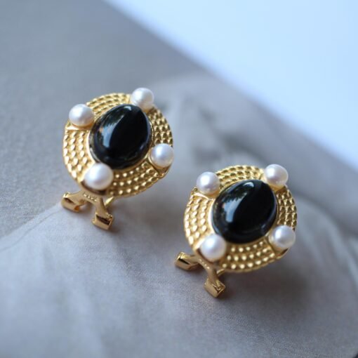 Natural Black Agate Studs Earrings With Pearl|Charm Pearl Jewelry|Dainty Pearl Studs Earrings|Unique Pearl Earring|Genuine Black Agate Studs - Image 2