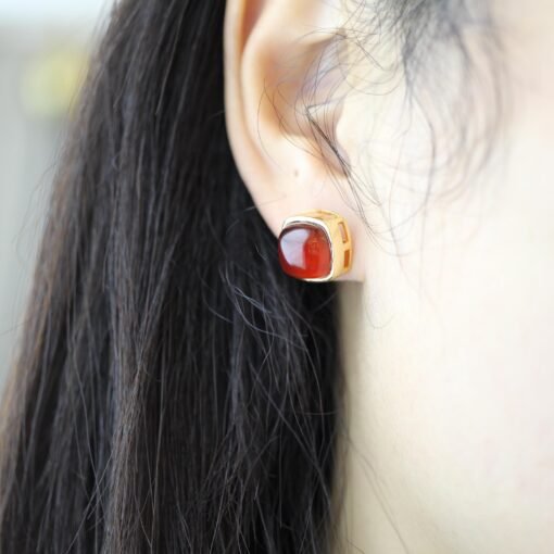 Natural Cabochon Garnet Earrings Gold Plated silver/Unique Square Garnet Earrings Women/Art Deco Vintage Statement Red Gemstone Earring Gold - Image 4