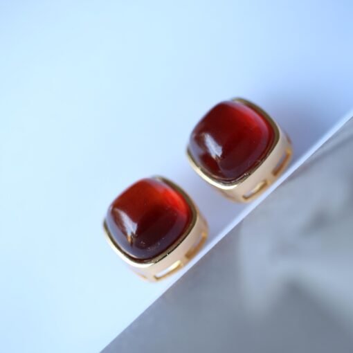 Natural Cabochon Garnet Earrings Gold Plated silver/Unique Square Garnet Earrings Women/Art Deco Vintage Statement Red Gemstone Earring Gold - Image 7