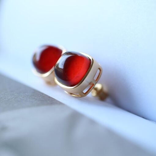 Natural Cabochon Garnet Earrings Gold Plated silver/Unique Square Garnet Earrings Women/Art Deco Vintage Statement Red Gemstone Earring Gold - Image 2
