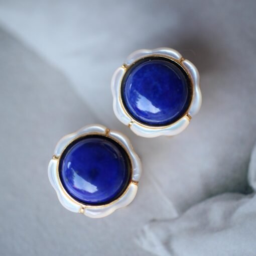 Genuine Lapis Lazuli Studs Earring sterling silver|Statement lapis lazuli studsFloral petal lapis lazuli studsHemisphere Lapis Lazuli stud - Image 2