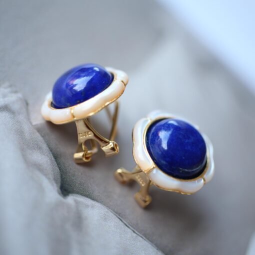 Genuine Lapis Lazuli Studs Earring sterling silver|Statement lapis lazuli studsFloral petal lapis lazuli studsHemisphere Lapis Lazuli stud - Image 3