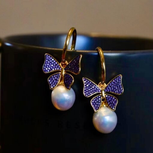 Unique Baroque Pearl Drop Earrings with 925 silver butterfly and zircon/Art deco Pearl Drop Earrings|Statement Natural Pearl Earrings Women - Image 2