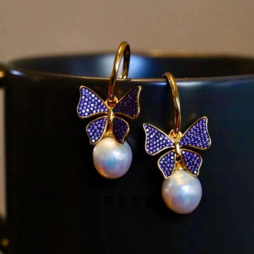 Unique Baroque Pearl Drop Earrings with 925 silver butterfly and zircon/Art deco Pearl Drop Earrings|Statement Natural Pearl Earrings Women - Image 4