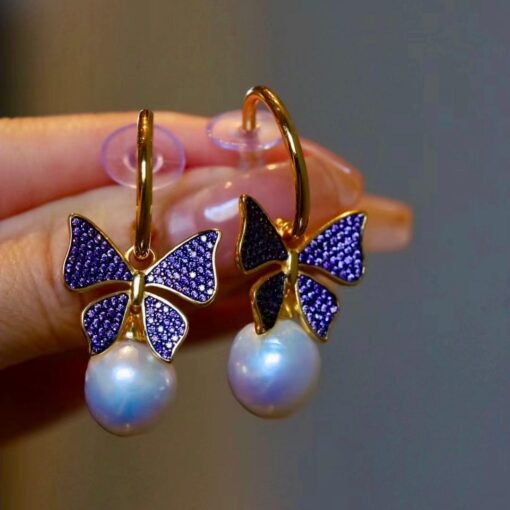 Unique Baroque Pearl Drop Earrings with 925 silver butterfly and zircon/Art deco Pearl Drop Earrings|Statement Natural Pearl Earrings Women
