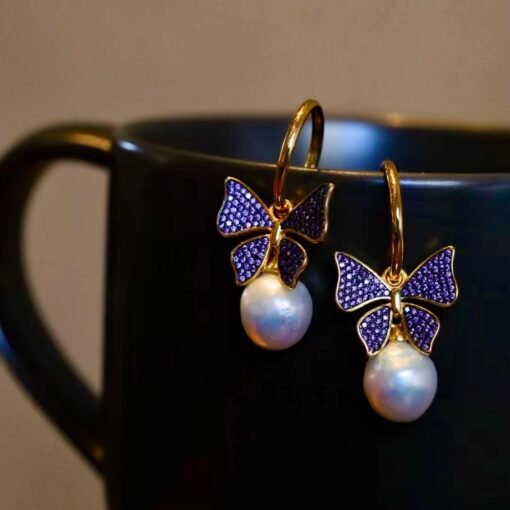 Unique Baroque Pearl Drop Earrings with 925 silver butterfly and zircon/Art deco Pearl Drop Earrings|Statement Natural Pearl Earrings Women - Image 5