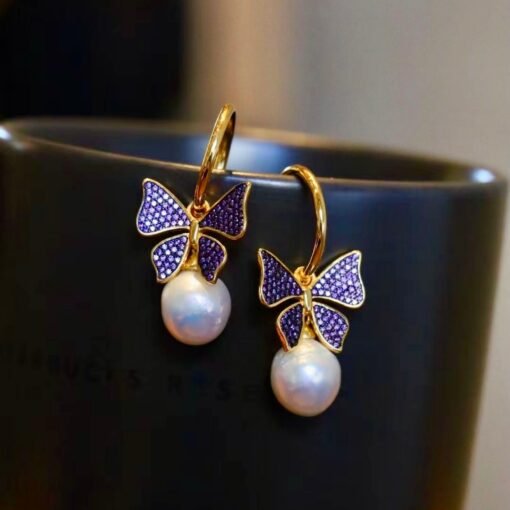 Unique Baroque Pearl Drop Earrings with 925 silver butterfly and zircon/Art deco Pearl Drop Earrings|Statement Natural Pearl Earrings Women - Image 7