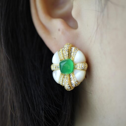 Oval Mother of Pearl Stud Earring with Green Agate|Unique Chrysoprase Stud Earrings WomenVintage Gemstone earrings SilverMothers day gift - Image 4