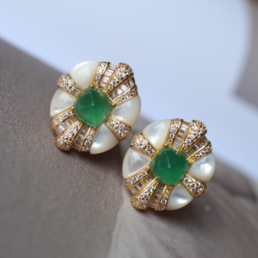 Oval Mother of Pearl Stud Earring with Green Agate|Unique Chrysoprase Stud Earrings WomenVintage Gemstone earrings SilverMothers day gift - Image 6