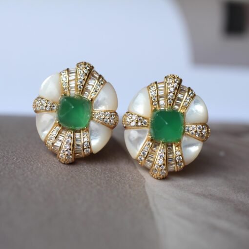 Oval Mother of Pearl Stud Earring with Green Agate|Unique Chrysoprase Stud Earrings WomenVintage Gemstone earrings SilverMothers day gift - Image 2