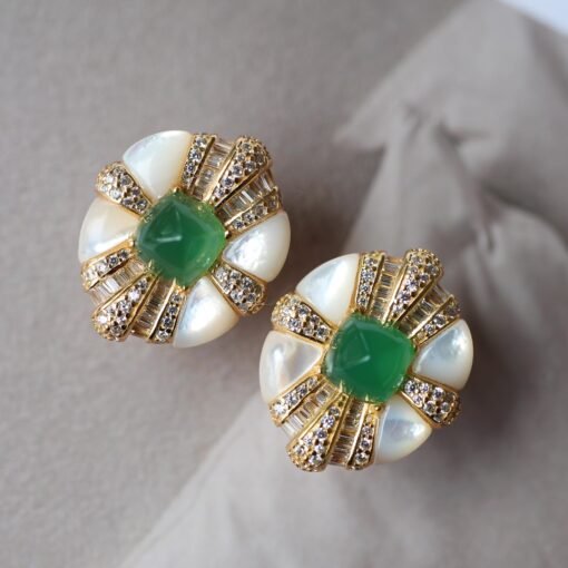 Oval Mother of Pearl Stud Earring with Green Agate|Unique Chrysoprase Stud Earrings WomenVintage Gemstone earrings SilverMothers day gift