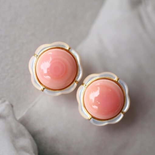Natural pink Conch Pink Shell Earrings|Pink Sea Shell Stud Earrings|Untreated pink gemstone Cabochon Earrings|Pink Queen Conch Shell Earring - Image 5