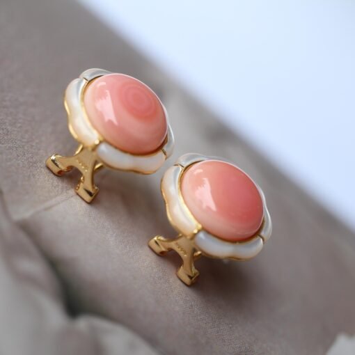 Natural pink Conch Pink Shell Earrings|Pink Sea Shell Stud Earrings|Untreated pink gemstone Cabochon Earrings|Pink Queen Conch Shell Earring - Image 3