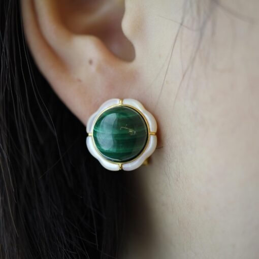 Genuine Cabochon Malachite Earrings Sterling Silver|Statement Malachite Earrings|Petal Floral Malachite Stud|Top Quality malachite studs - Image 4
