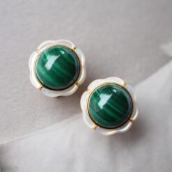 Genuine Cabochon Malachite Earrings Sterling Silver|Statement Malachite Earrings|Petal Floral Malachite Stud|Top Quality malachite studs