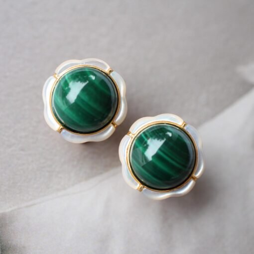 Genuine Cabochon Malachite Earrings Sterling Silver|Statement Malachite Earrings|Petal Floral Malachite Stud|Top Quality malachite studs